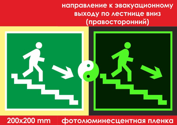 E13 направление к эвакуационному выходу по лестнице вниз (правосторонний) (ГОСТ 34428-2018, фотолюминесцентная пленка, 200х200 мм) - Знаки безопасности - Фотолюминесцентные знаки - Магазин охраны труда ohranatruda-shop.ru